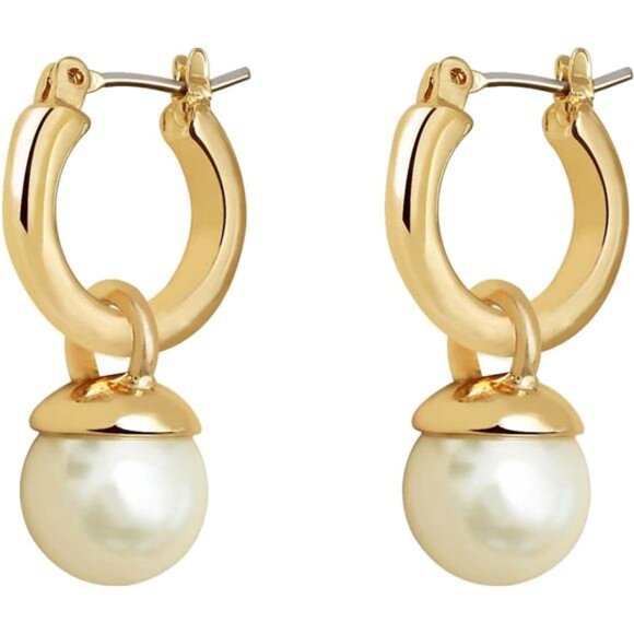 14K Gold-Plated Pearl Hoop Drop Earrings – Lightweight, Hypoallergenic - Picture 1 of 6